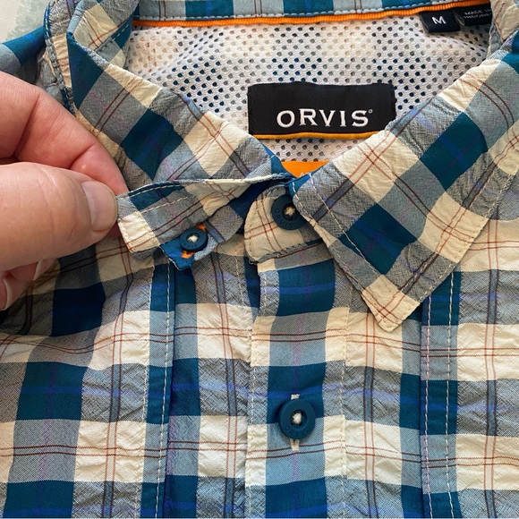Orvis Men’s Button Up Long Sleeve Shirt Blue/White/Red Plaid Poly blend M - EUC - Picture 13 of 13